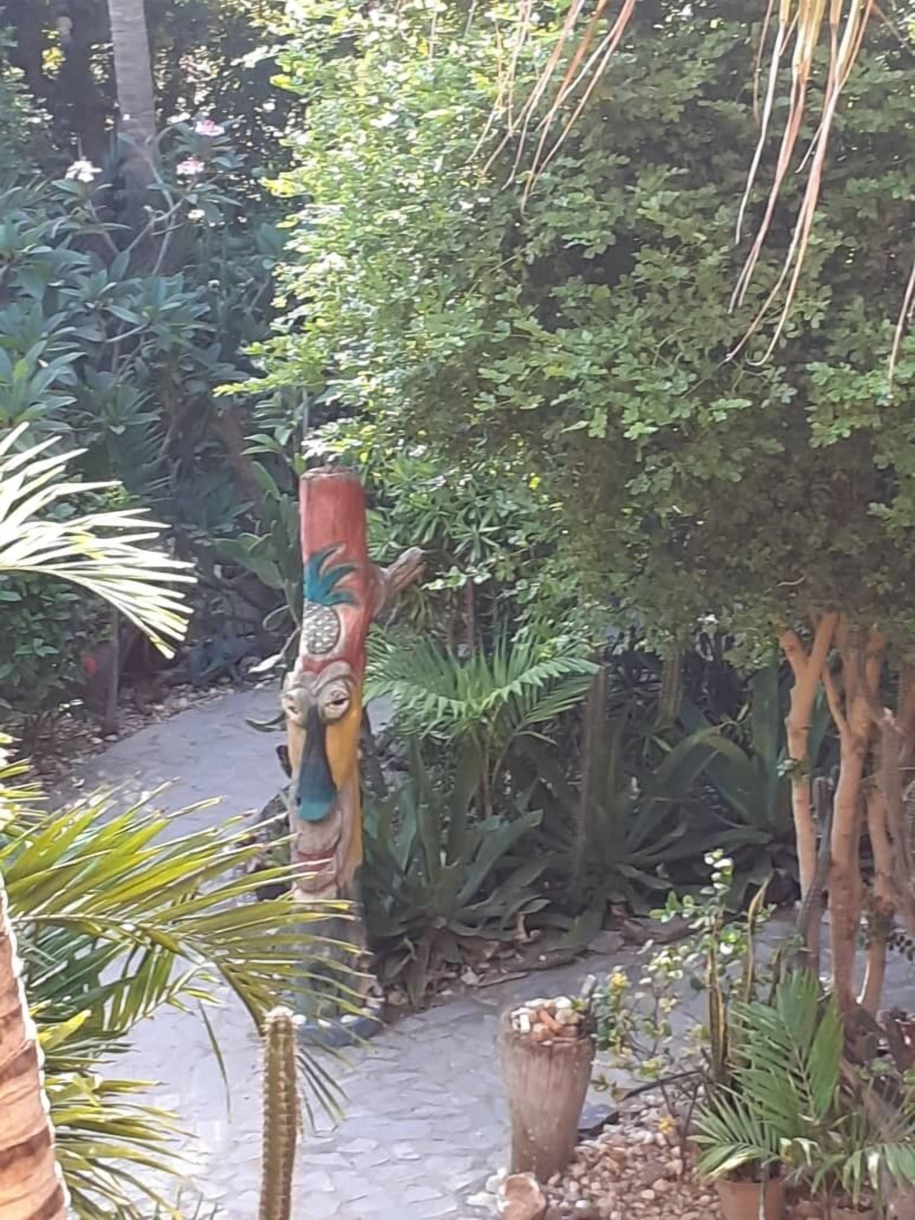 Un vialetto fiorito circondato da piante e alberi.