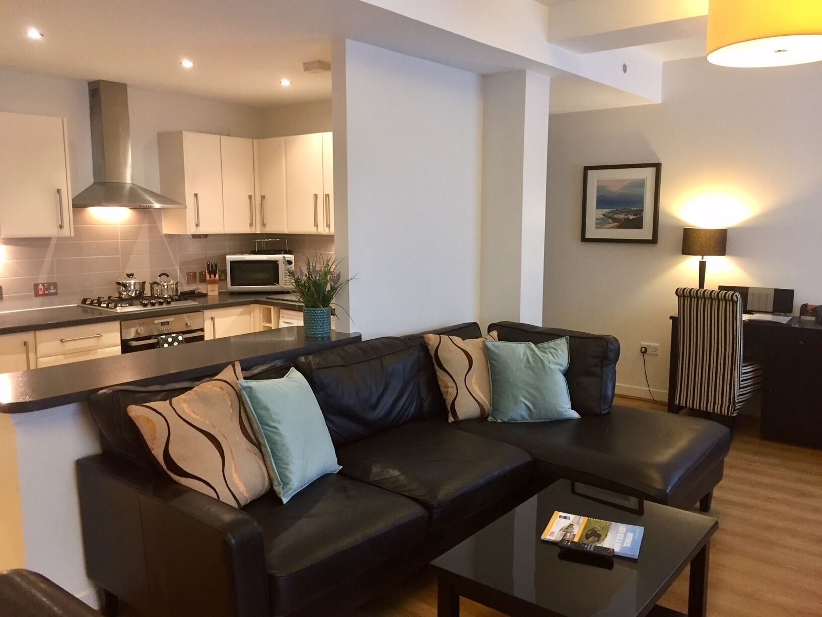 A modern living room with a black leather sofa, a coffee table, a kitchen area with white cabinets and a stove, and a framed picture on the wall.