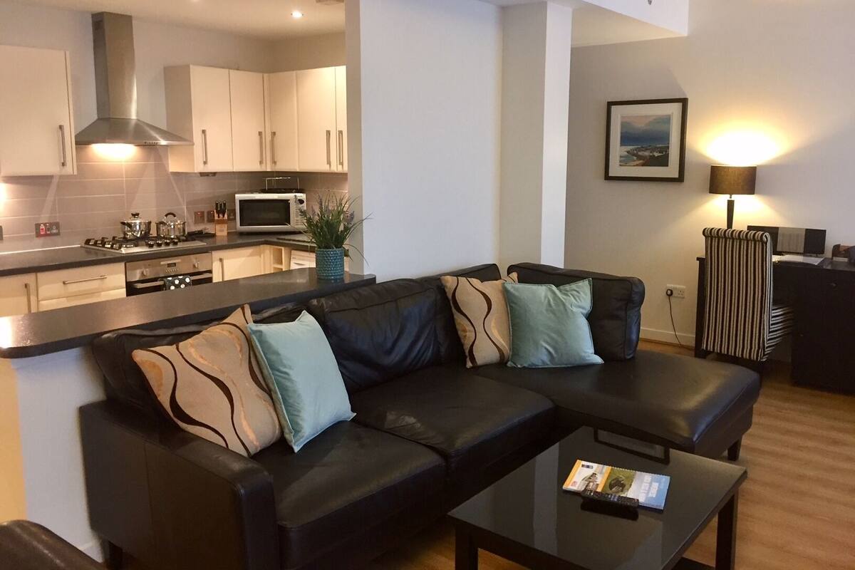 A modern living room with a black leather sofa, a coffee table, a kitchen area with white cabinets and a stove, and a framed picture on the wall.
