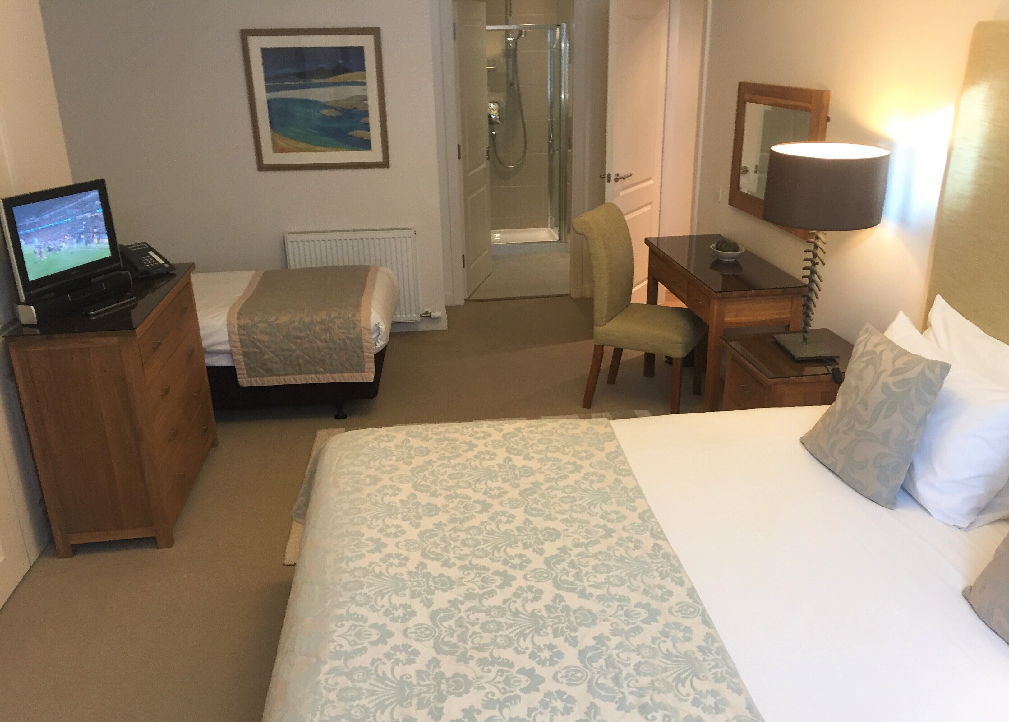 A hotel room with a bed, a desk, a chair, a TV, a lamp, and a shower.