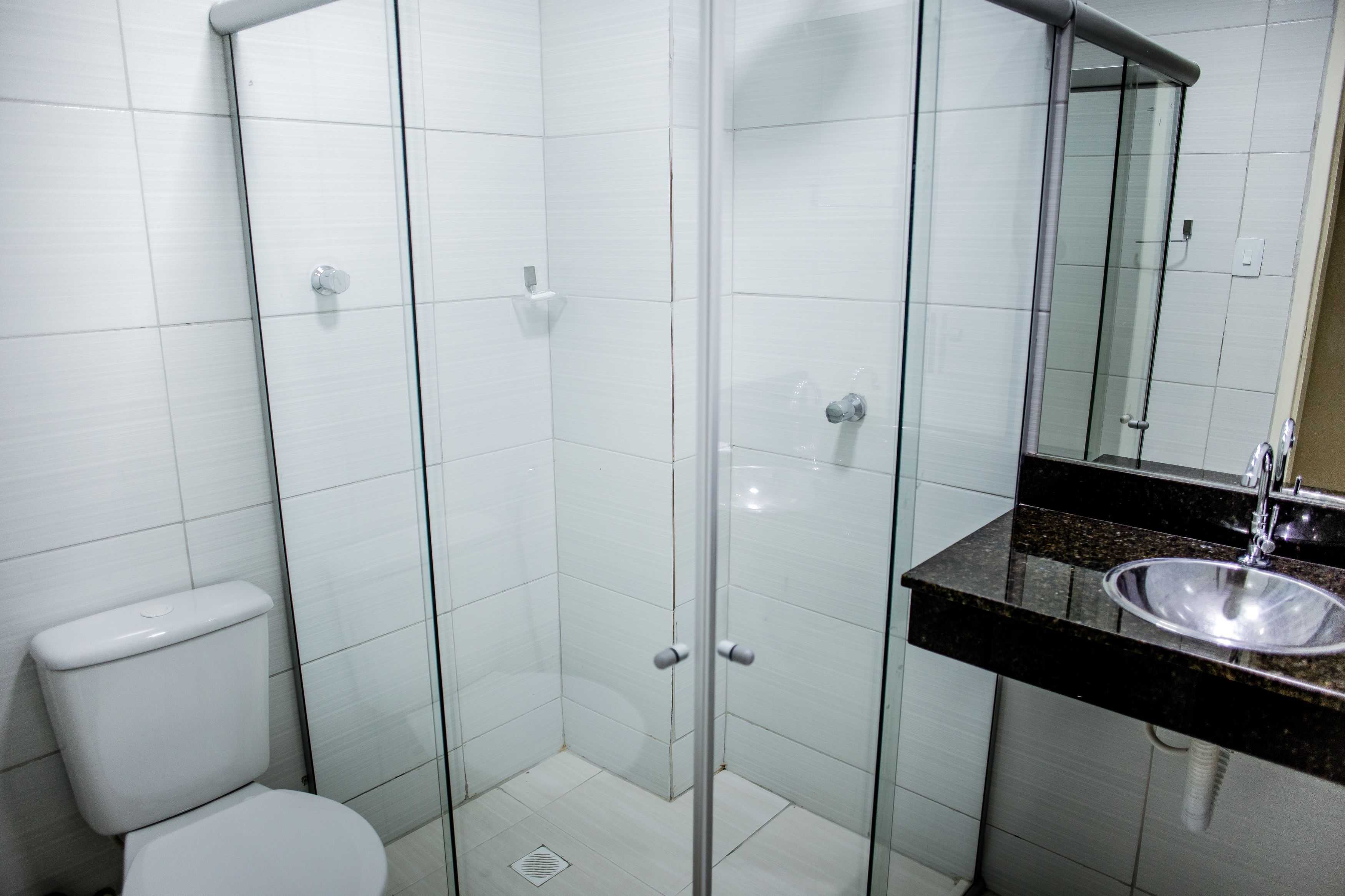 A bathroom with a glass-enclosed shower, a white toilet, and a sink with a mirror above it.