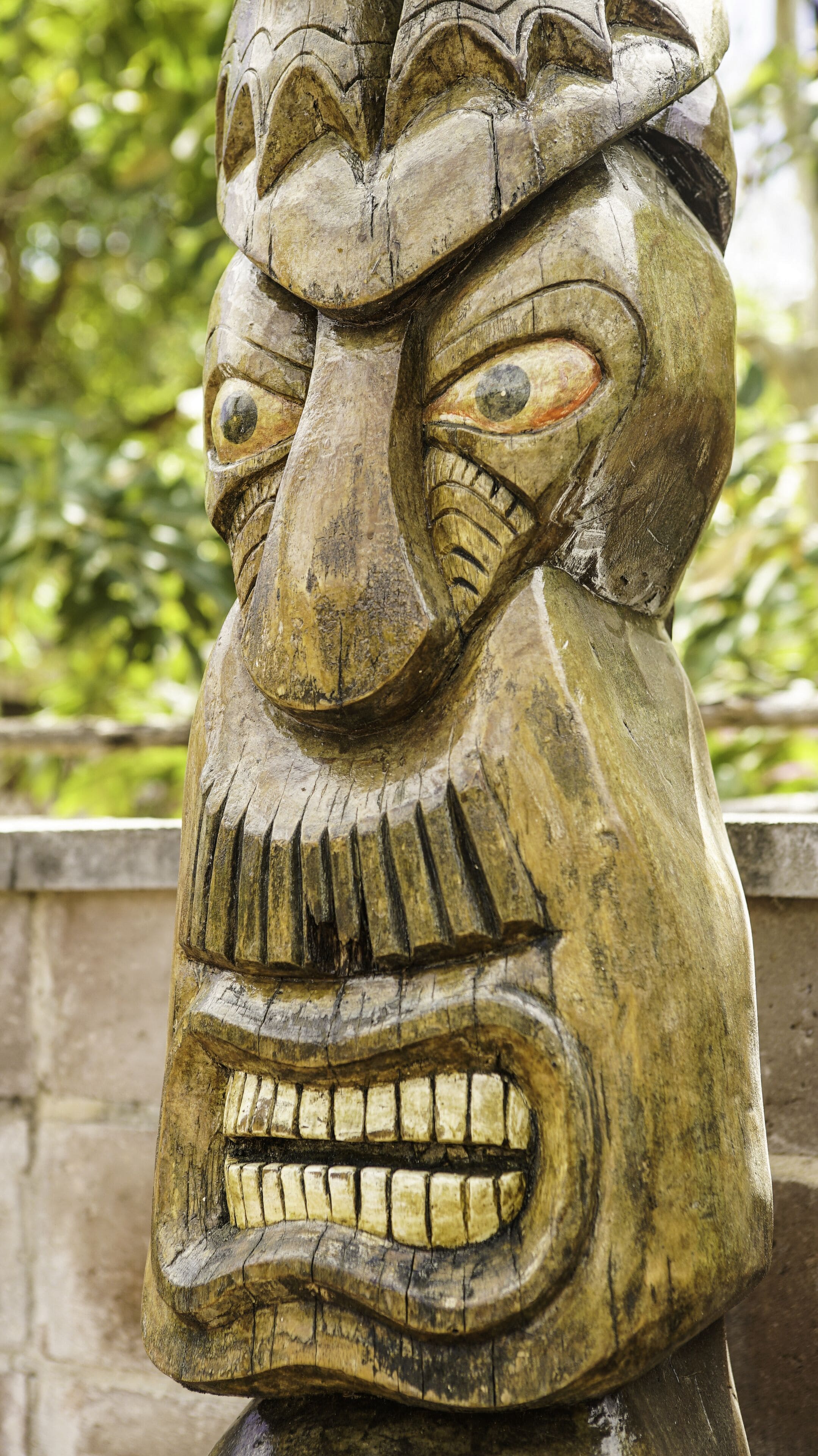 Une sculpture en bois représentant une tête, finement sculptée et affichant une expression sévère, se détachant sur un fond vert flou.