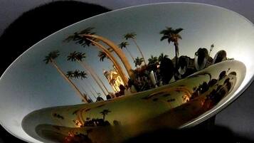 A large, oval-shaped reflective surface with a reflection of palm trees and a building, possibly a hotel or resort.