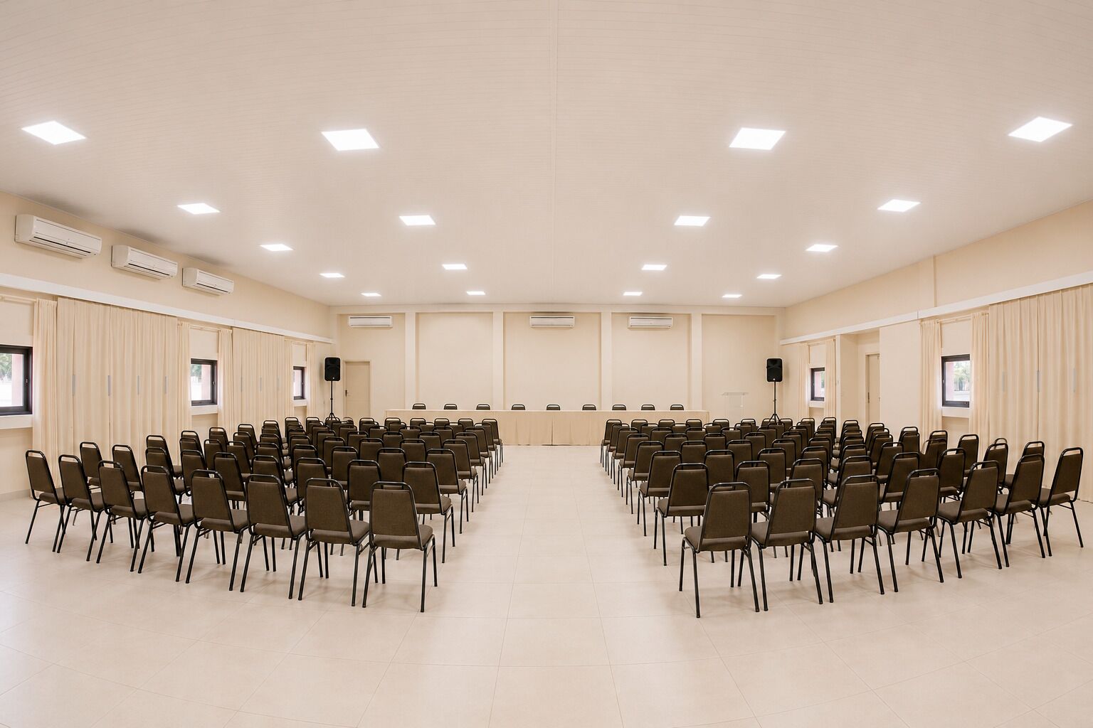 A conference room with rows of chairs, a table with chairs, and ceiling lights.
