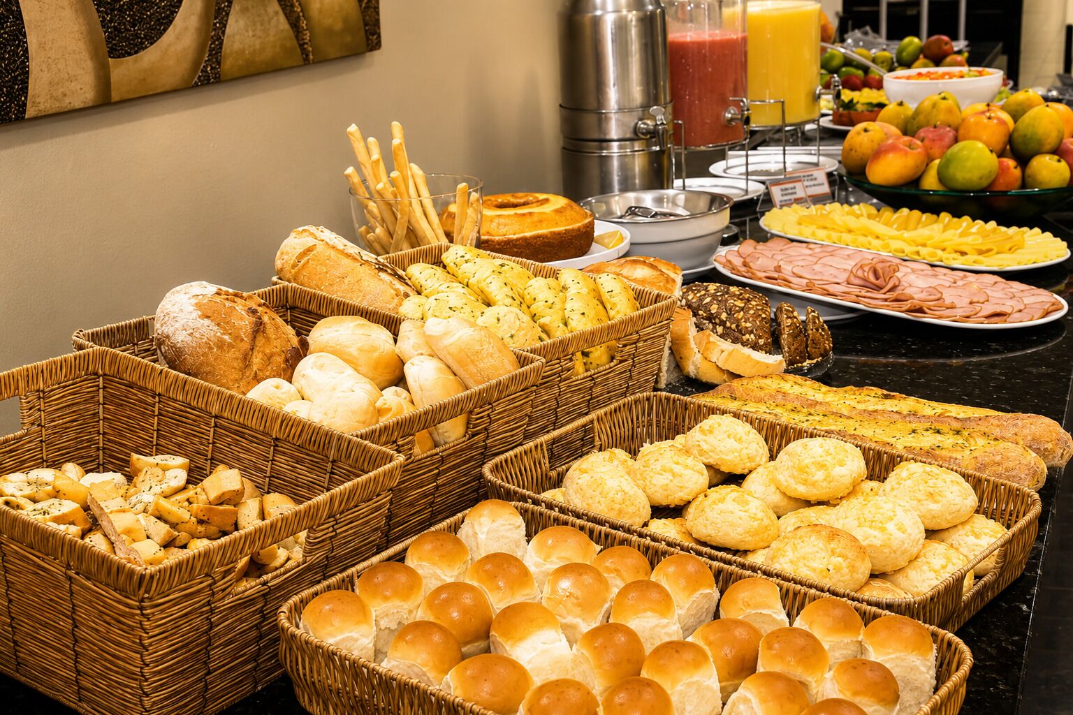 A buffet with various breads, rolls, and pastries.