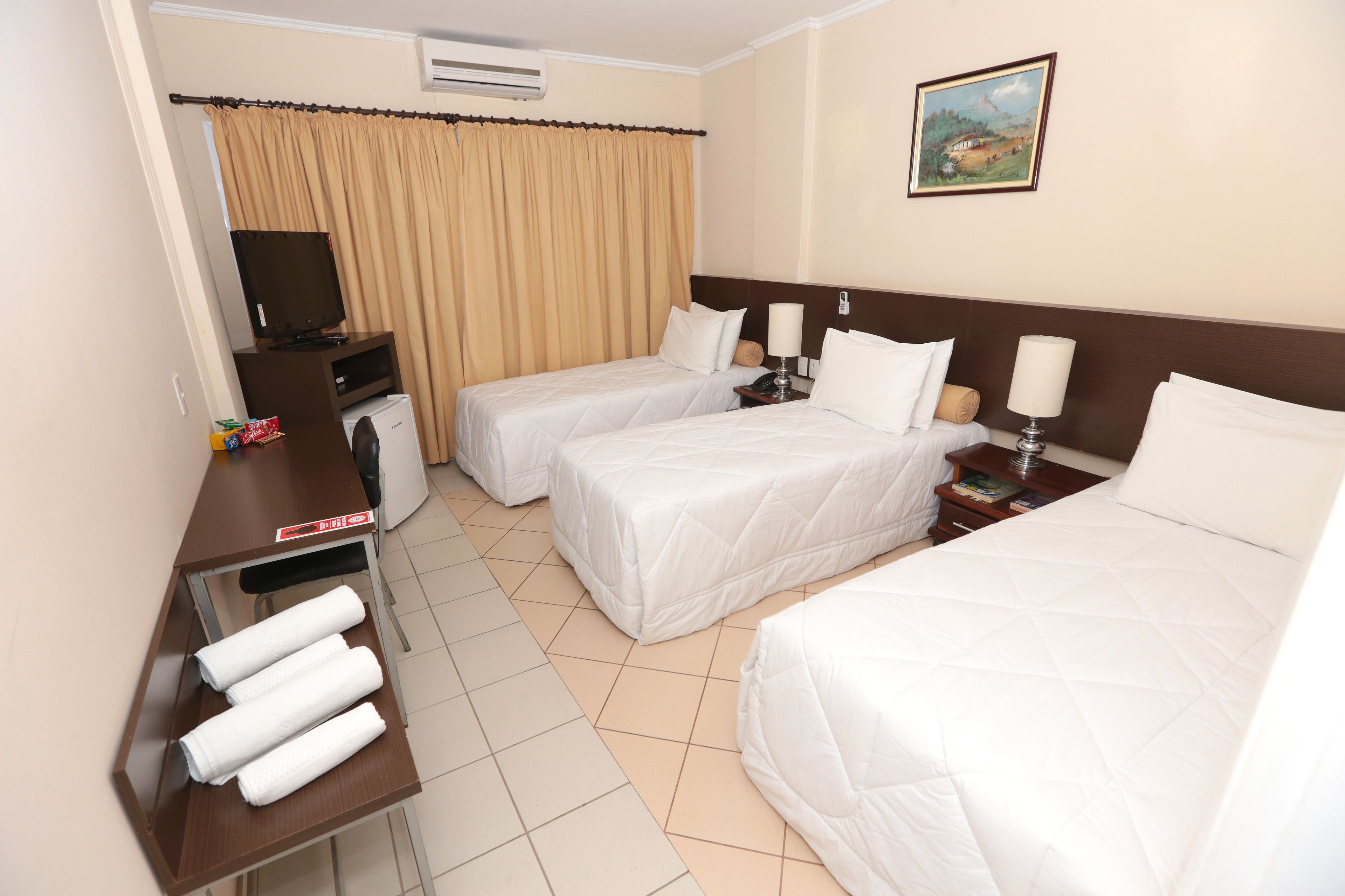 Habitación de hotel con dos camas, un escritorio con computadora, un televisor y un cuadro en la pared.