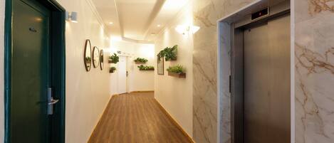 A hotel hallway with a wooden floor, marble walls, an elevator, and wall-mounted planters.