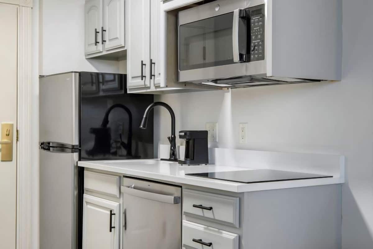 full-sized fridge, microwave, stovetop, dishwasher