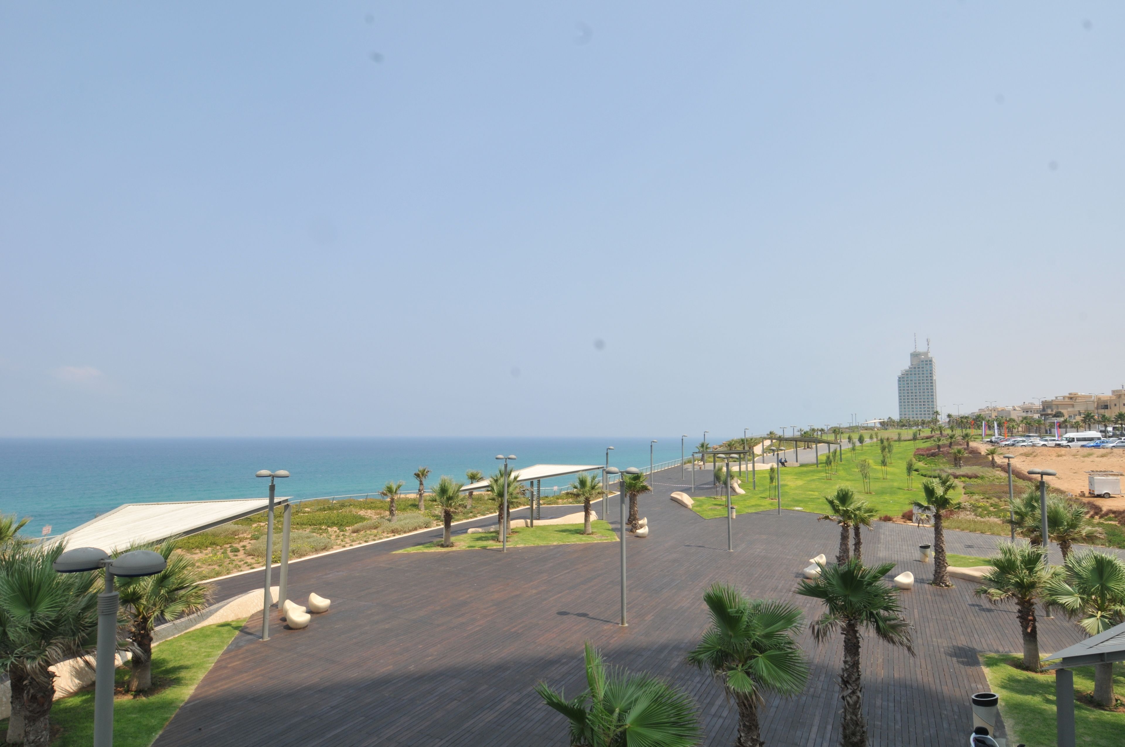 A coastal promenade with a paved walkway, palm trees, and a view of the sea and a tall building in the distance.
