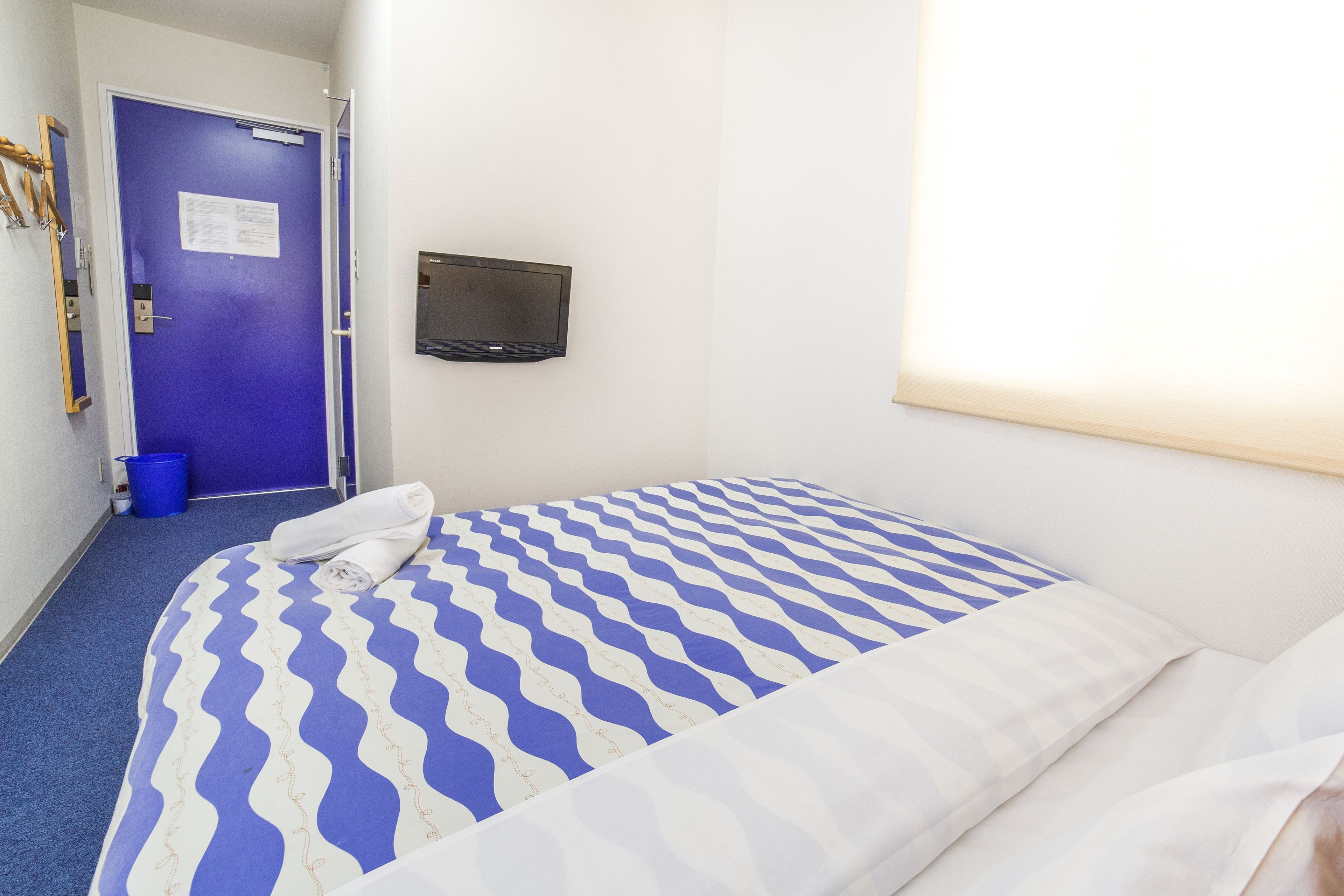 A hotel room with a bed, a television mounted on the wall, a blue door, and a blue bucket on the floor.
