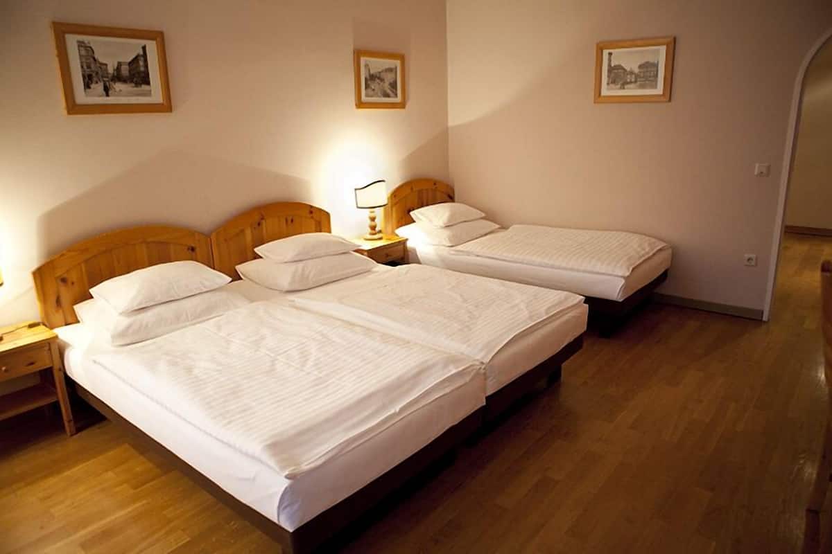 Una habitación con dos camas individuales, cabeceros de madera, ropa de cama blanca y cuadros en las paredes.