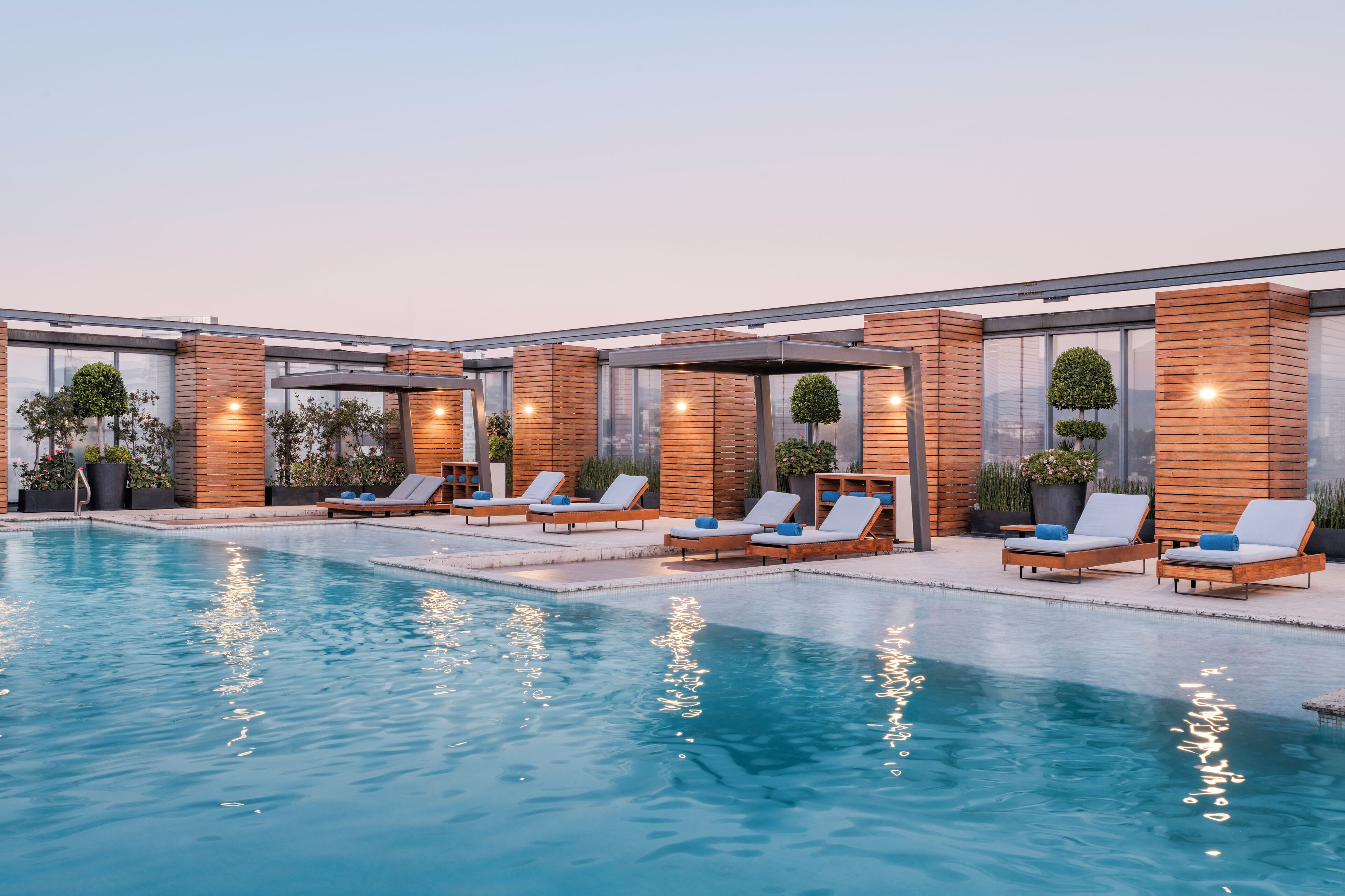 outdoor pool, pool loungers