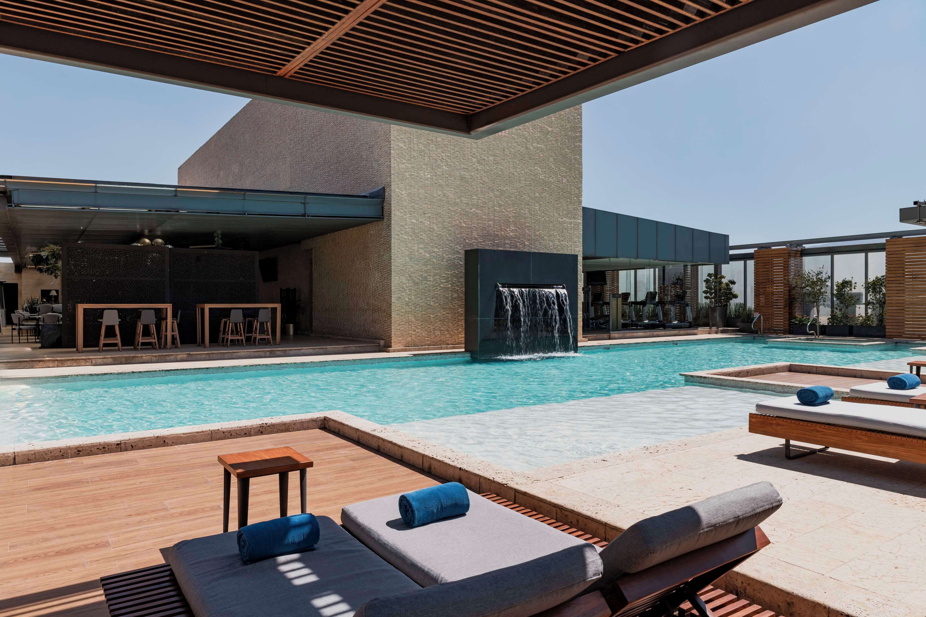 outdoor pool, pool loungers