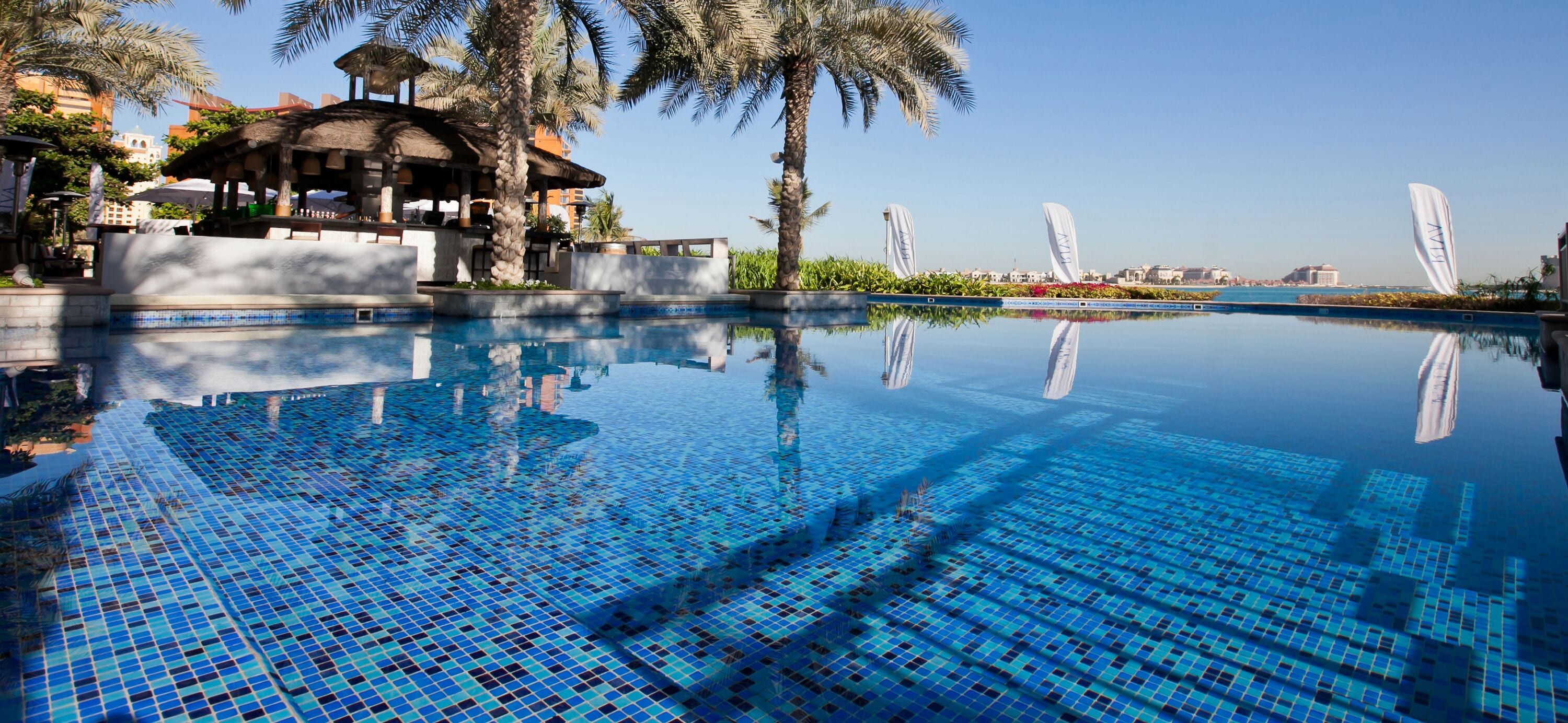 outdoor pool, pool loungers