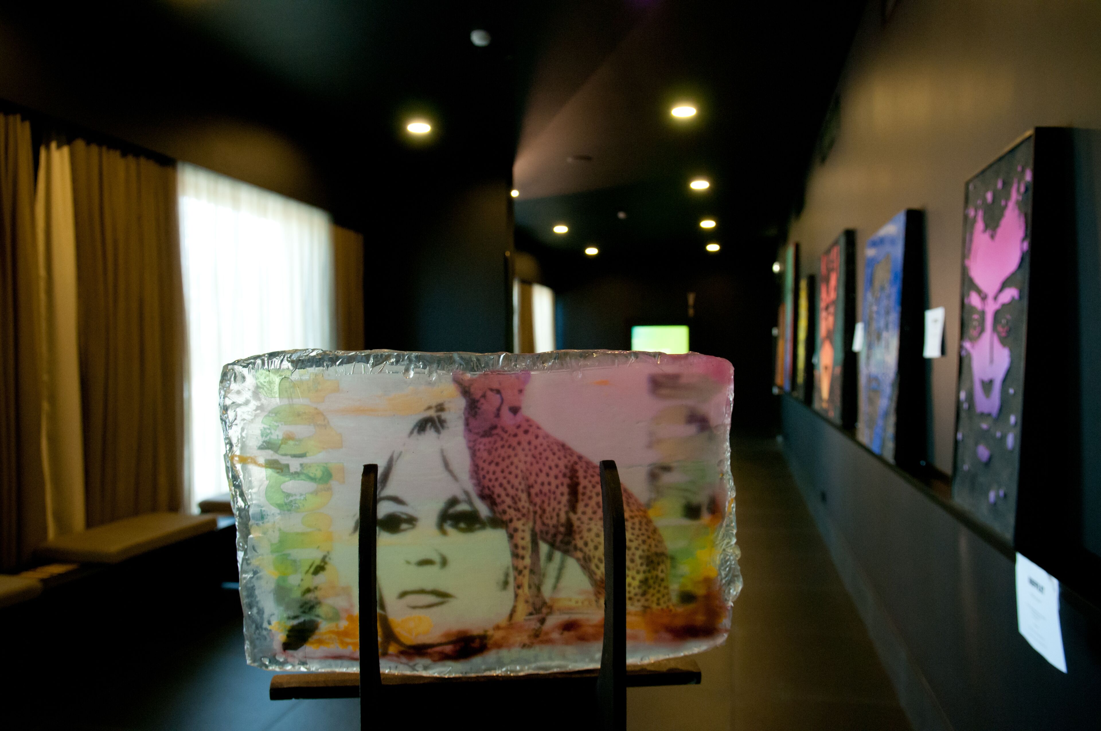 A corridor with artwork on the walls, a glass display case with a painting, and a window with curtains.