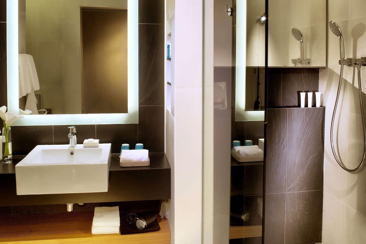 Une salle de bain moderne avec un grand miroir, un lavabo et un espace douche.