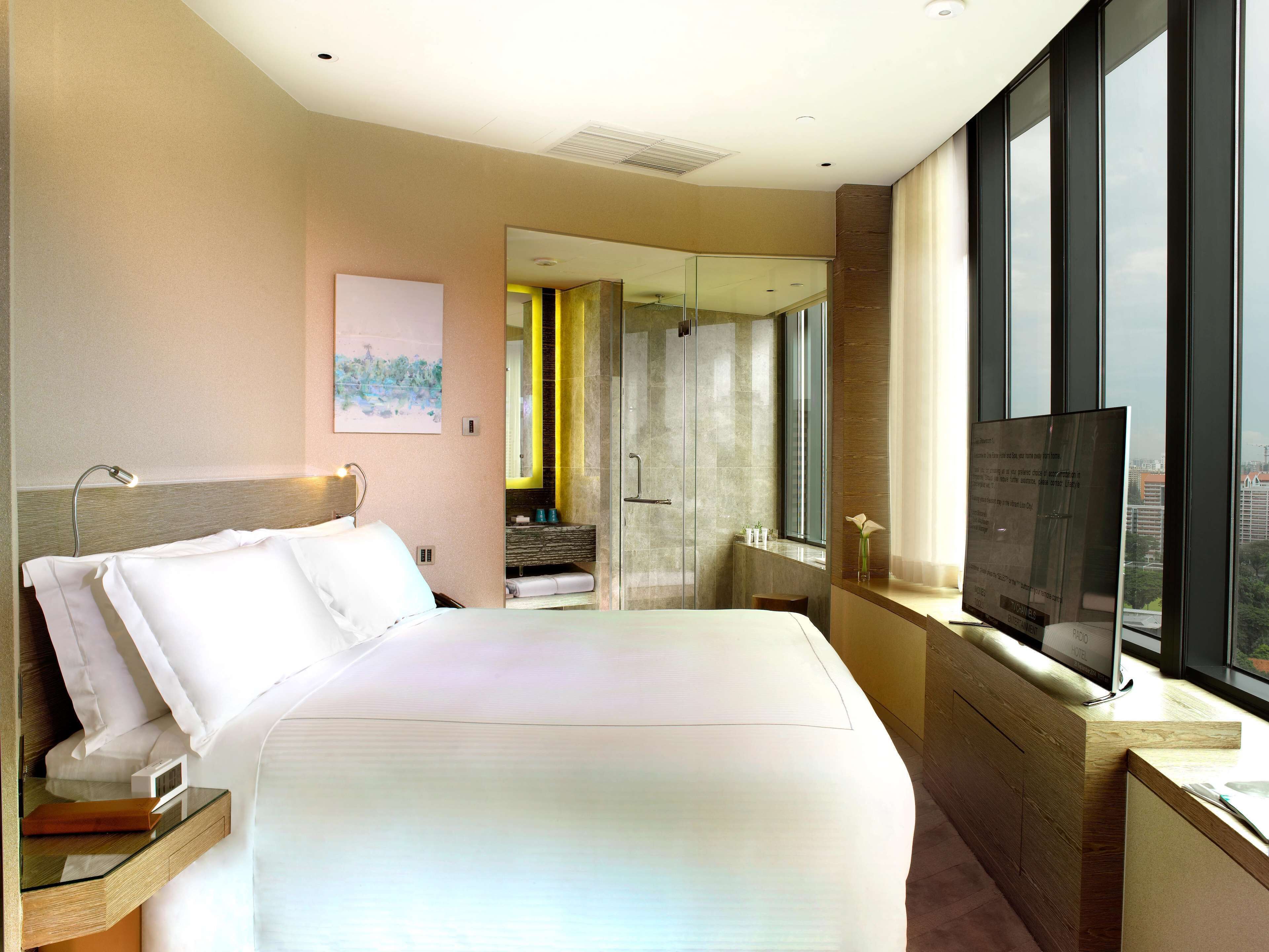 Habitación de hotel con cama, televisor, ventana con vista a la ciudad, baño con ducha de vidrio y un cuadro en la pared.