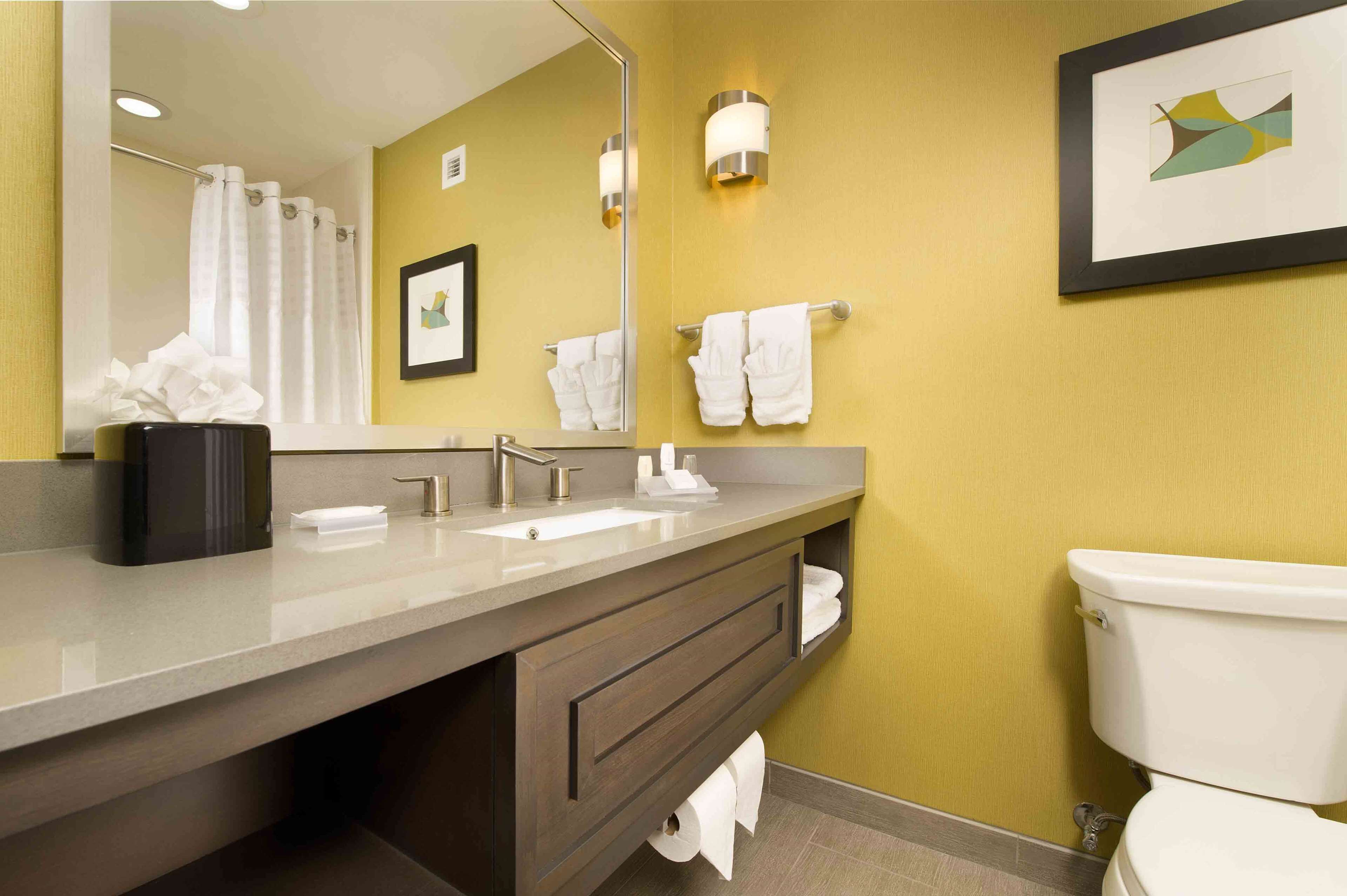 A modern bathroom with a double sink vanity, a toilet, and a shower curtain.