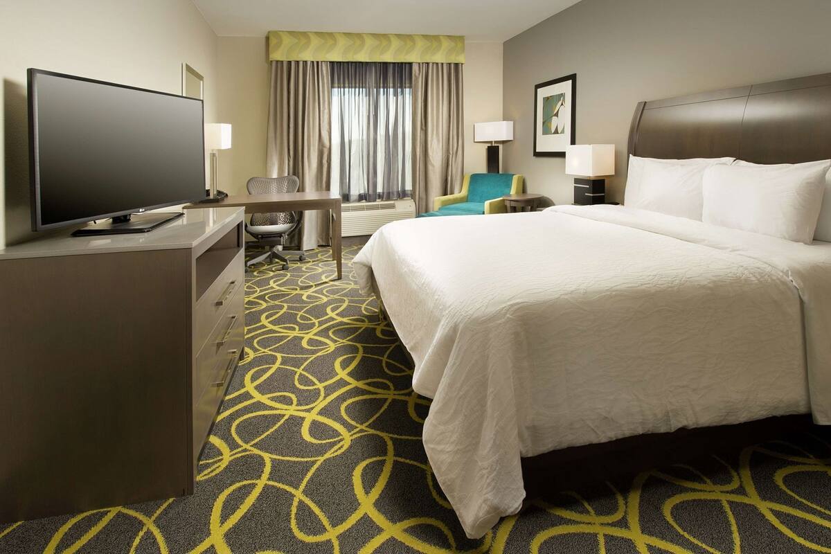 A hotel room with a bed, desk, chair, television, and a patterned carpet.