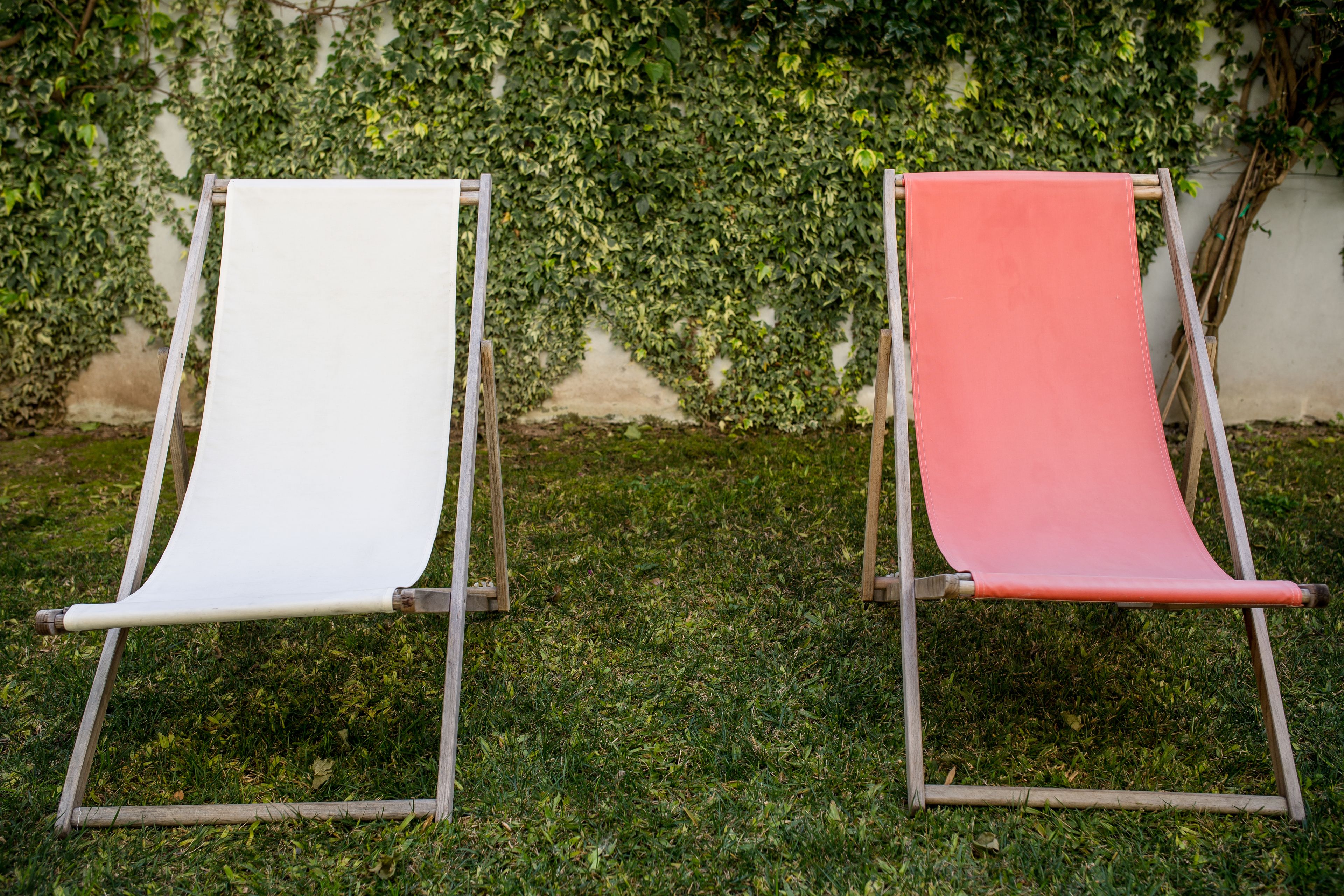 Two canvas chairs with metal frames, positioned on a grassy lawn with a wall covered in ivy behind them.