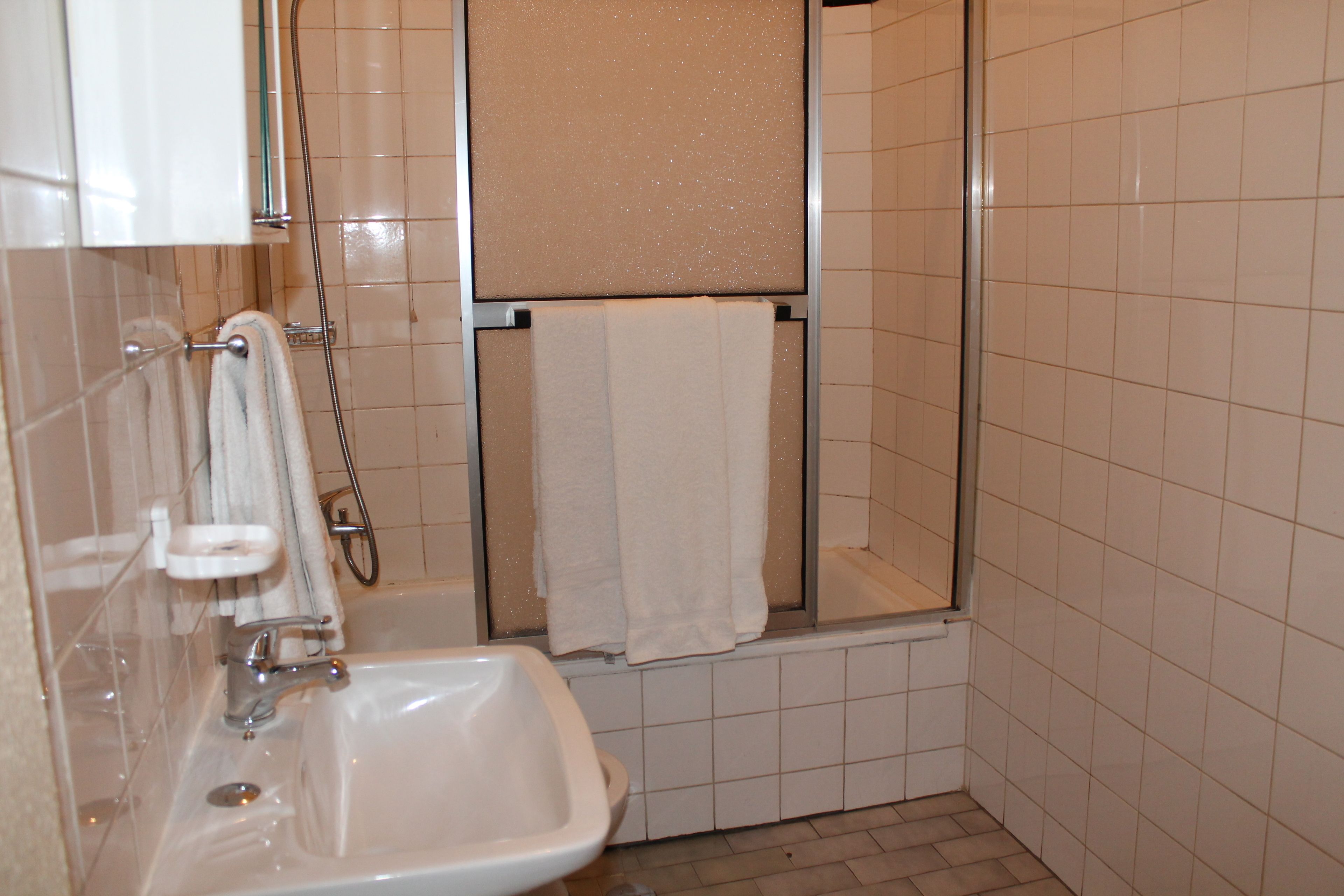 Een badkamer met een wastafel, spiegel en douche.