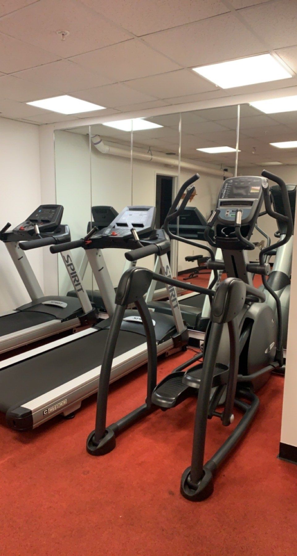 A gym with treadmills and elliptical machines.