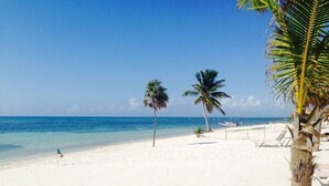 Een strand met wit zand, helderblauw water en palmbomen.