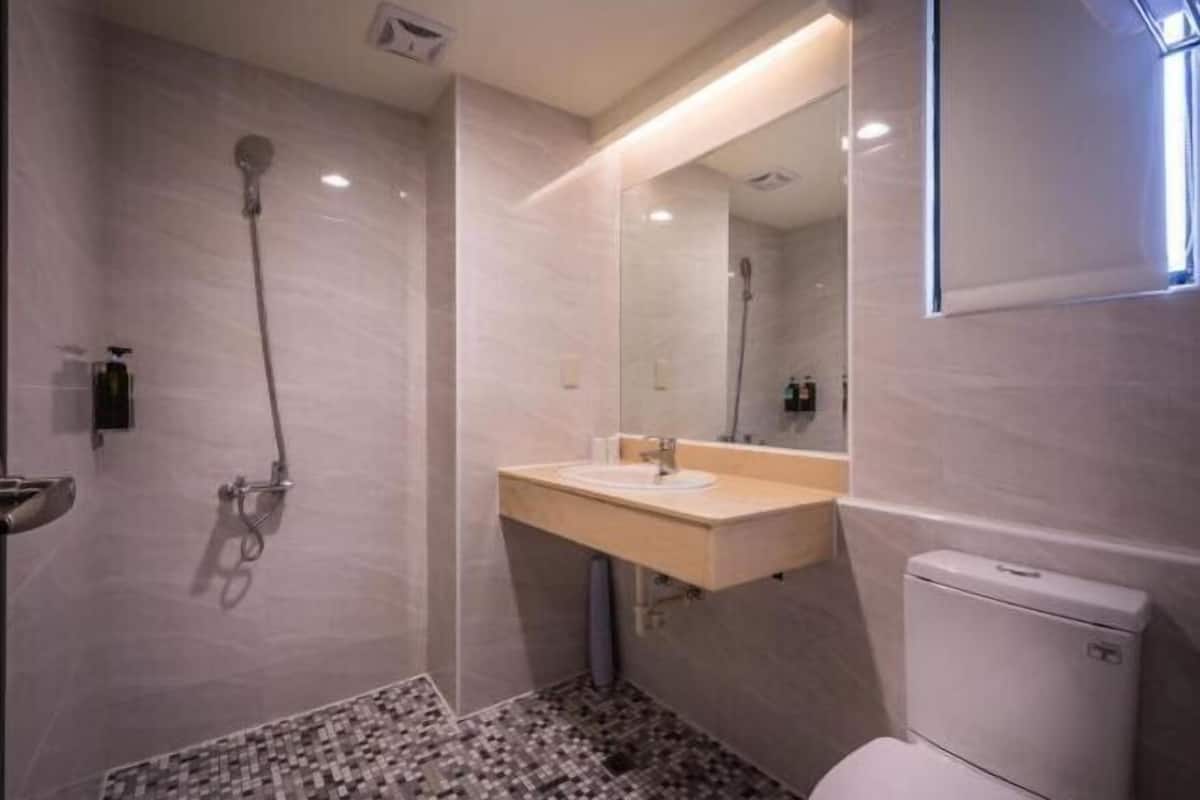 Hair dryer, slippers, towels, shampoo