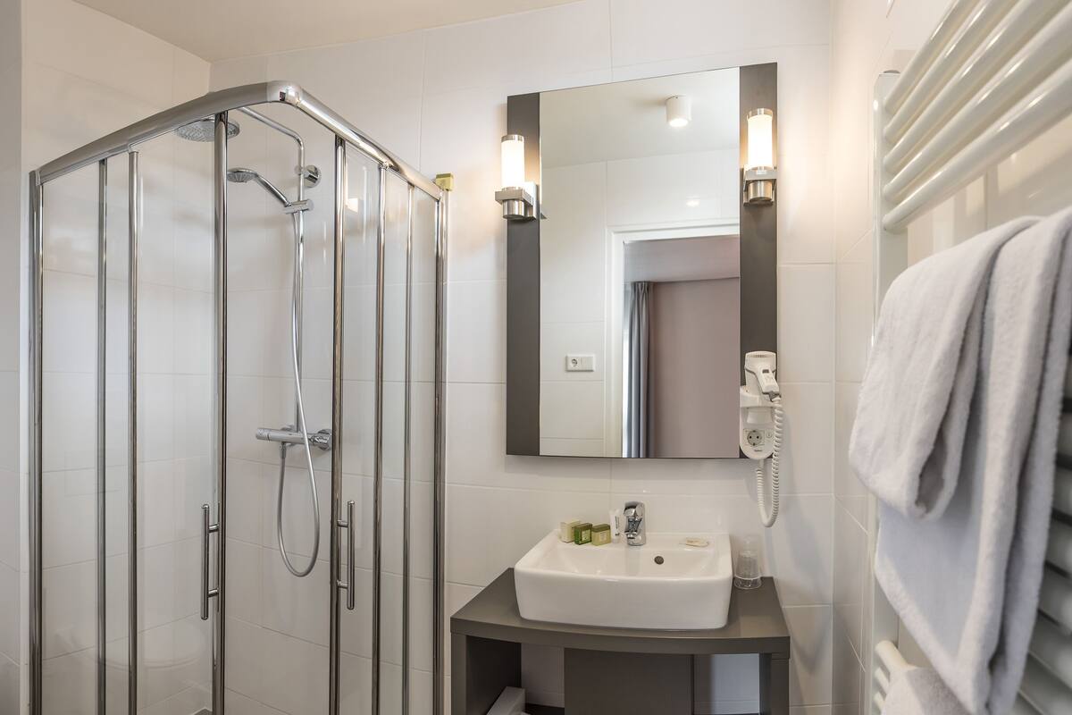 standard room | bathroom | shower, free toiletries, hair dryer, towels