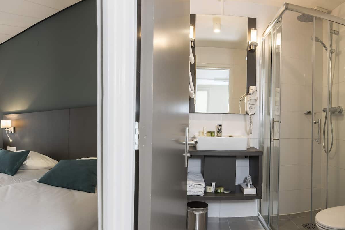 standard room | bathroom | shower, free toiletries, hair dryer, towels