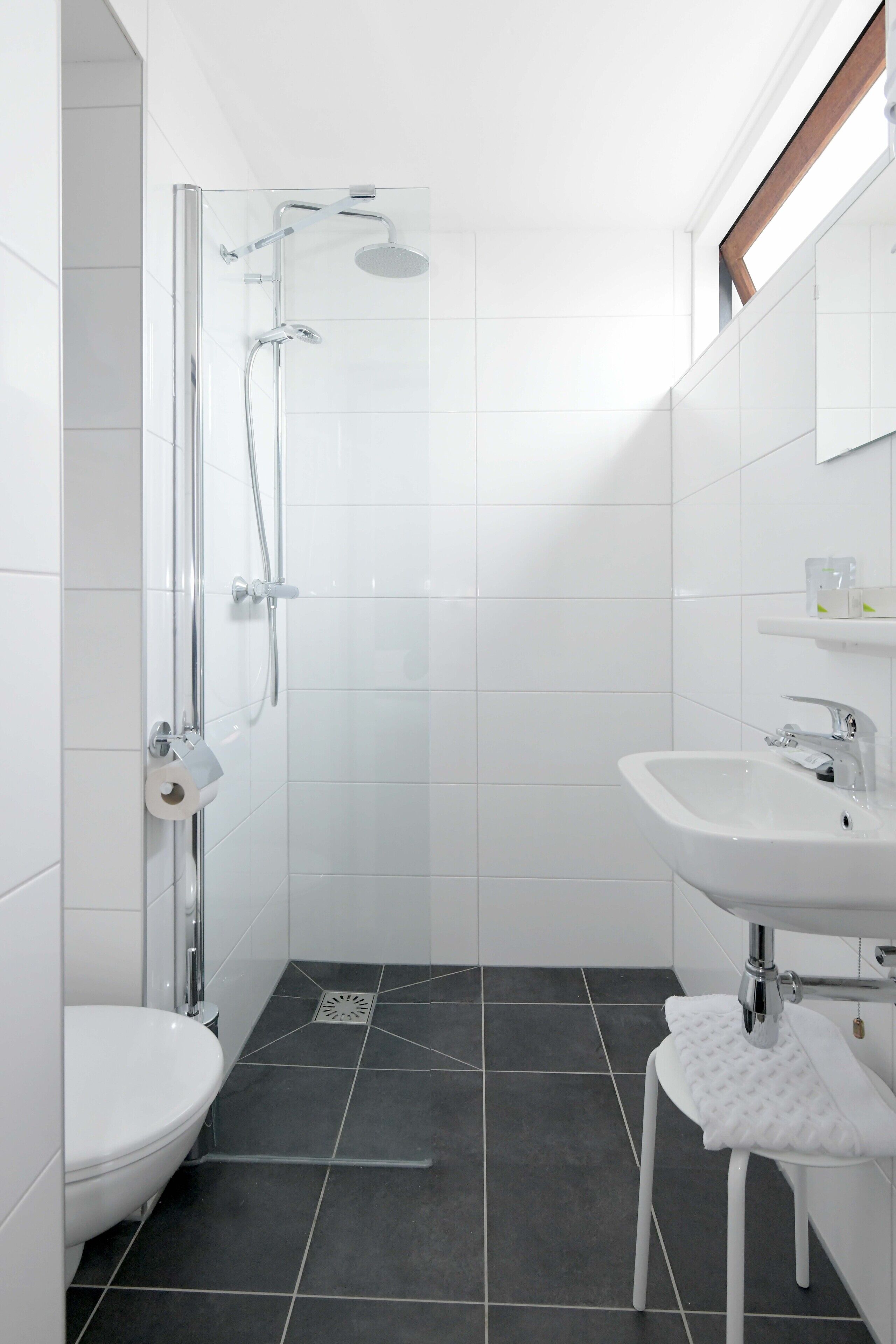 A modern bathroom with a shower, toilet, and sink.