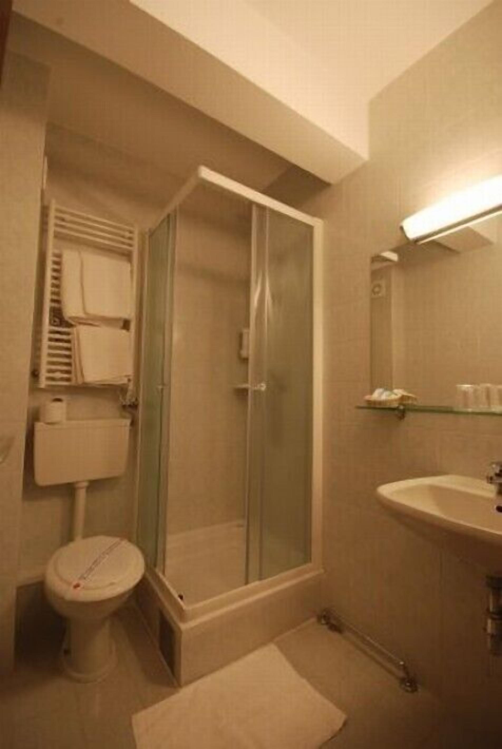 A bathroom with a glass-enclosed shower, a toilet, a sink, and a mirror.