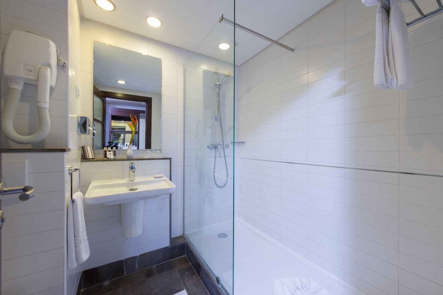 shower, hydromassage showerhead, hair dryer, slippers