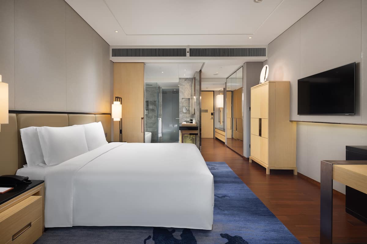 A modern hotel room with a large bed, bedside table, lamp, wardrobe, and a TV.