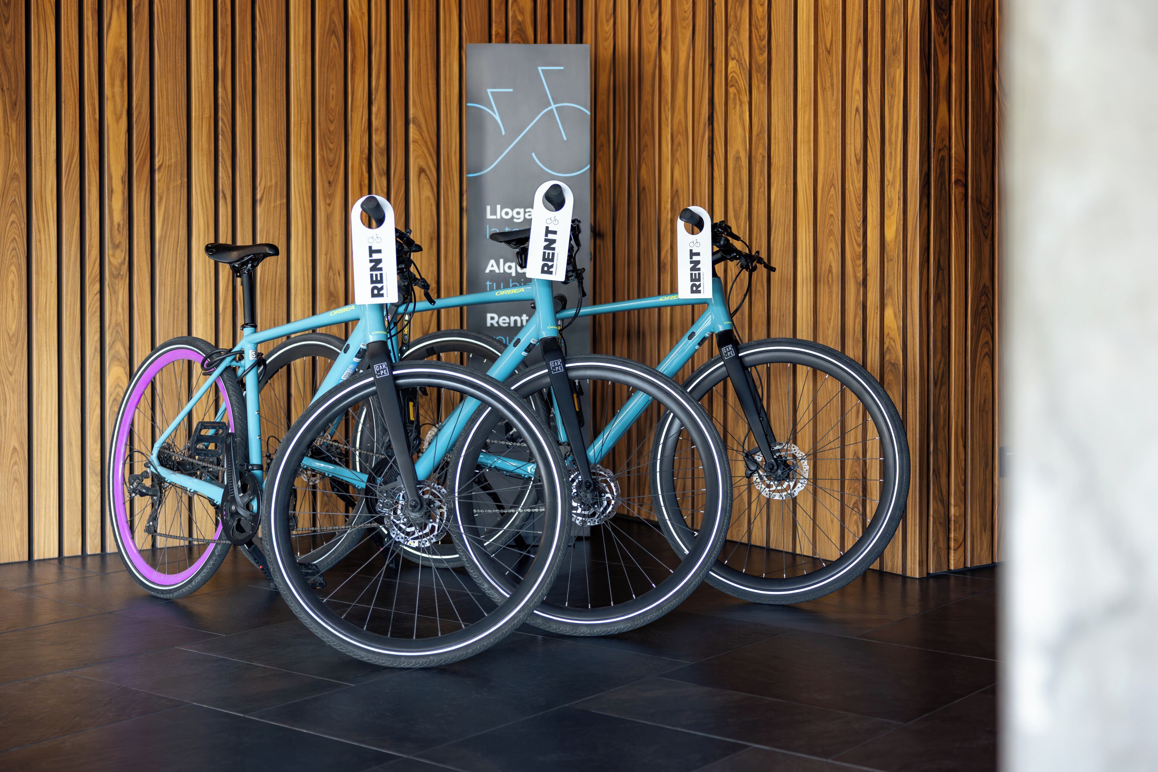 Dos bicicletas con etiquetas que dicen 'RENT', una pared de madera y un letrero con el símbolo de una bicicleta.