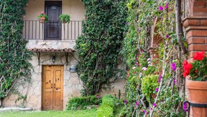 Un bâtiment rustique avec une façade en pierre, une porte en bois et un balcon agrémenté de plantes en pot.
