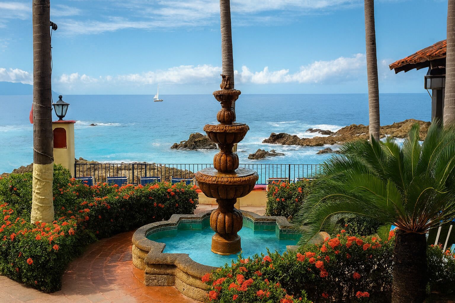 Une piscine agrémentée d’une fontaine à étages, entourée de plantes tropicales et offrant une vue sur l’océan.