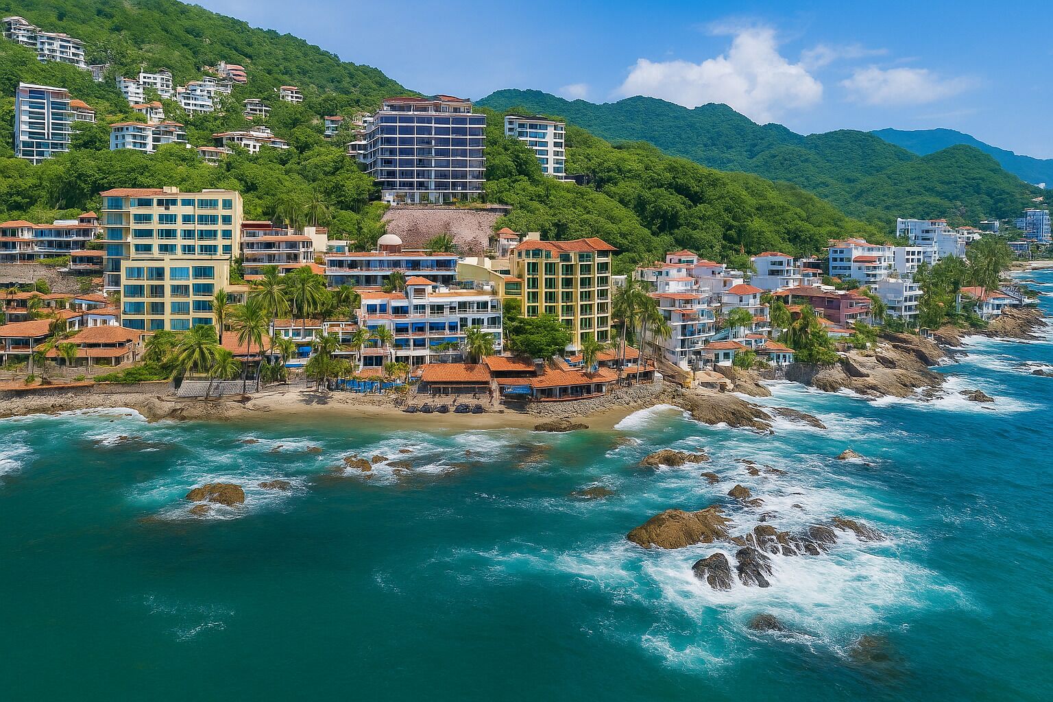 A coastal hotel with multiple buildings, a beach, and rocky coastline.