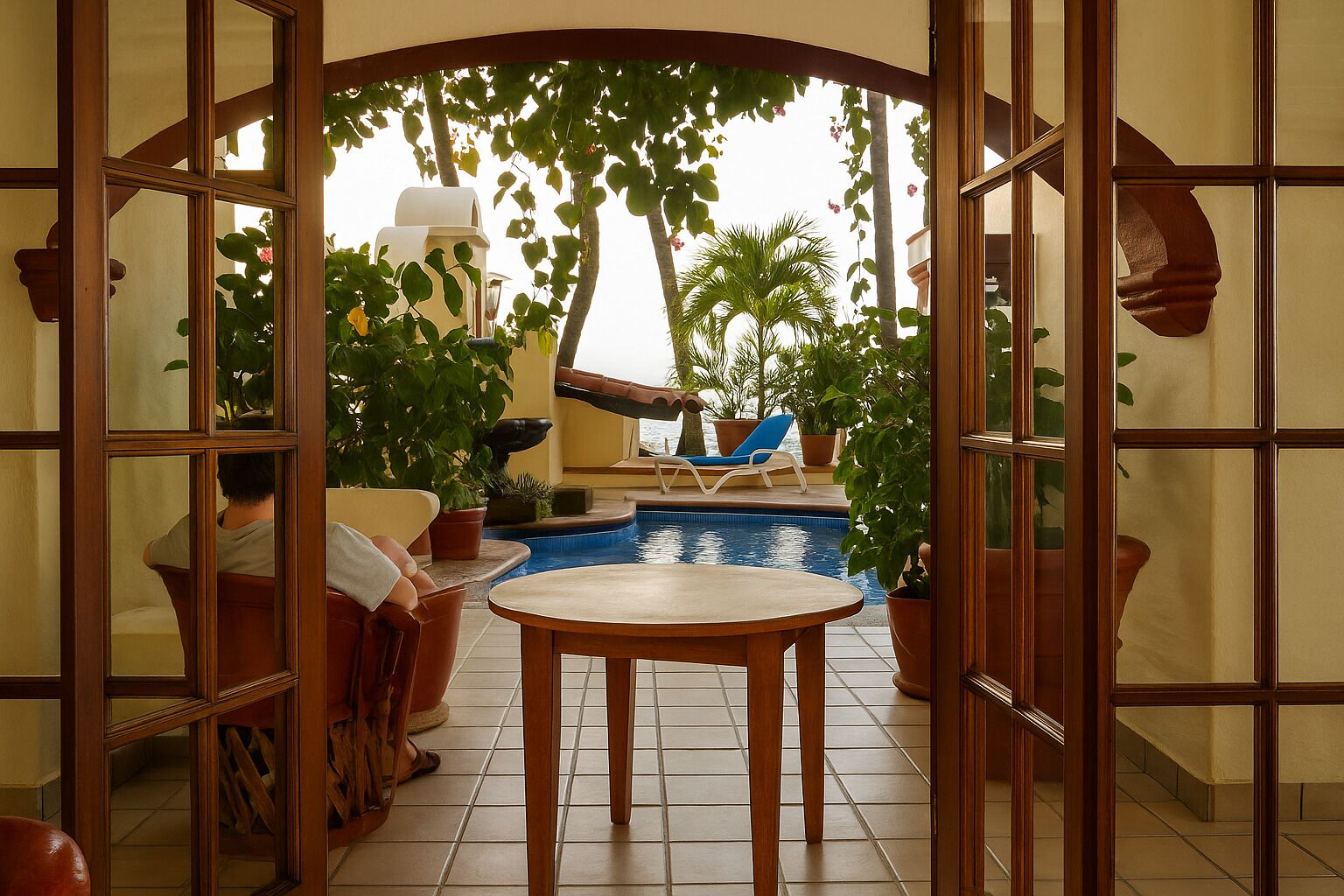 A pool area with a table and chairs, surrounded by potted plants and a view of the sea.