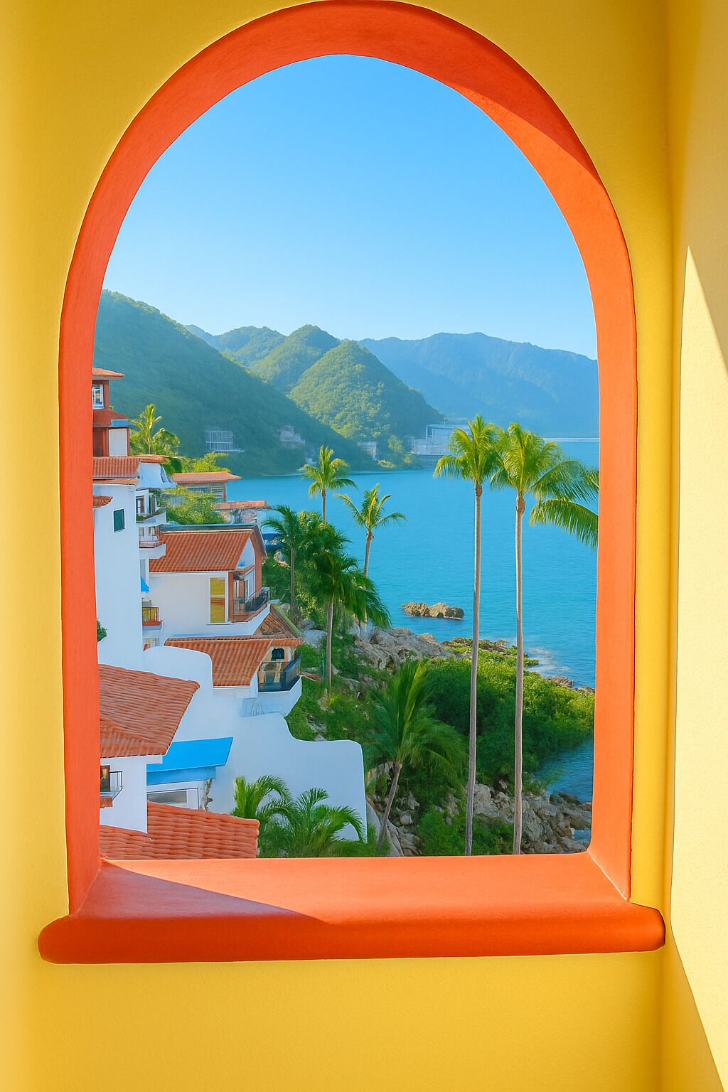 A coastal view through an arched window overlooking a beach with palm trees and a mountain backdrop.