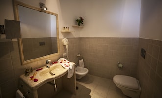 Shower, rainfall showerhead, free toiletries, hair dryer