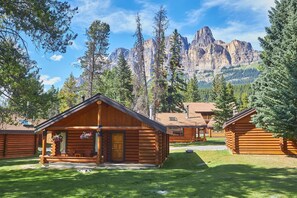Une rangée de chalets en bois, avec une chaîne de montagnes en arrière-plan.