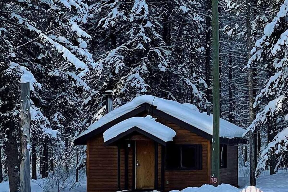 A cabin with a snow-covered roof, surrounded by snow-covered trees. There are two red Adirondack chairs and a small table in front of the cabin.