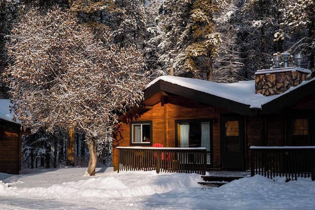 A wooden cabin with a snow-covered roof and a stone chimney, surrounded by snow-laden trees.