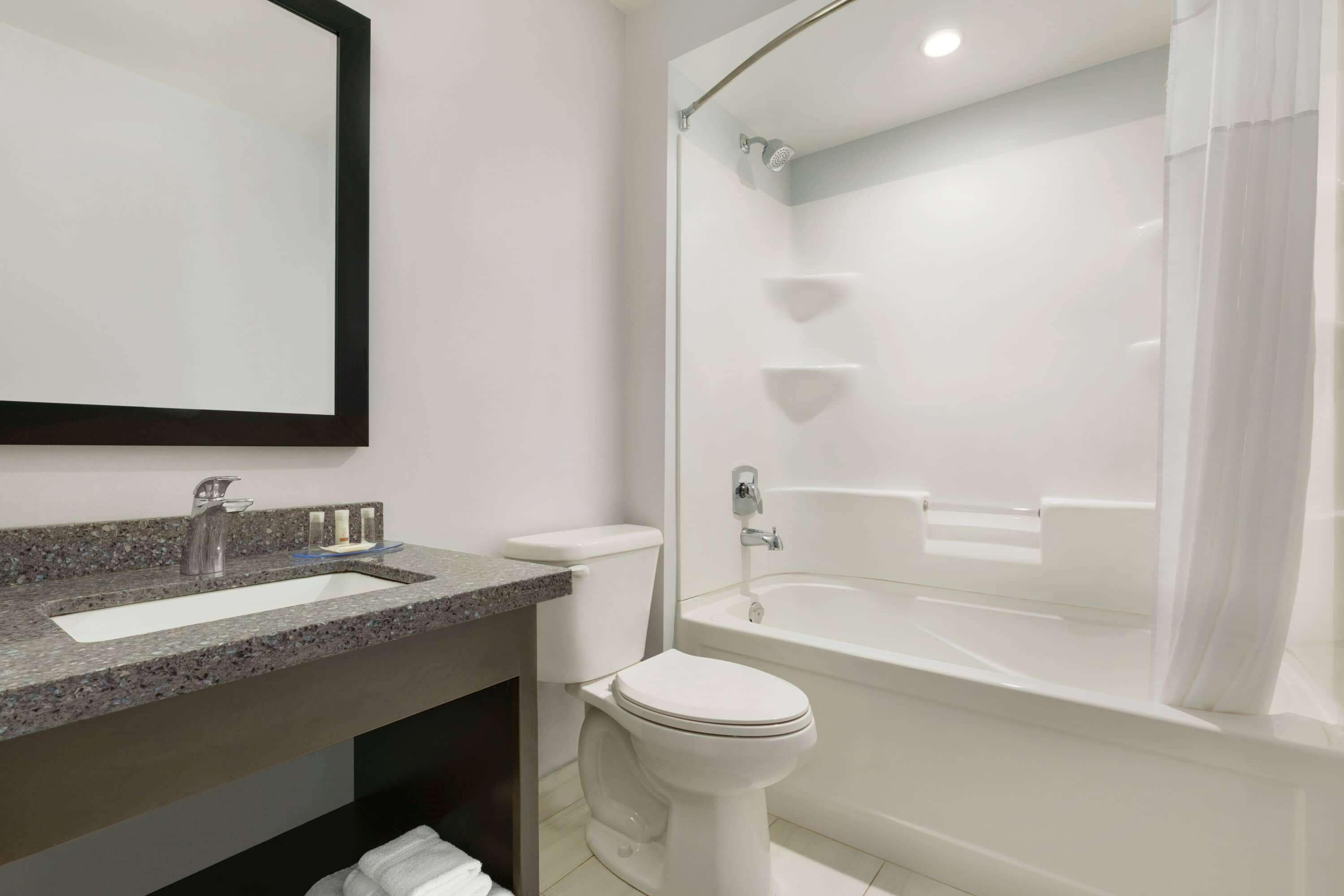 combined shower/bathtub, free toiletries, hair dryer, towels