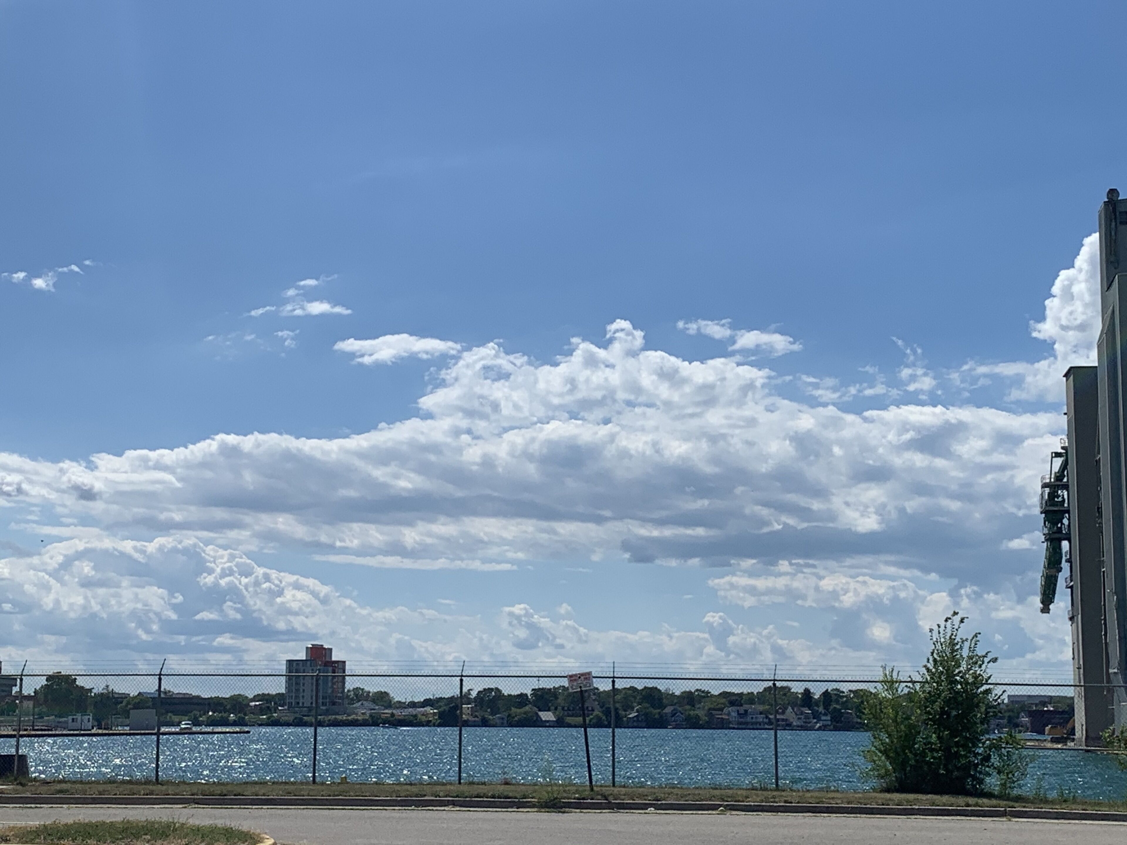 A waterfront view with a clear sky, a fence, and buildings in the background.