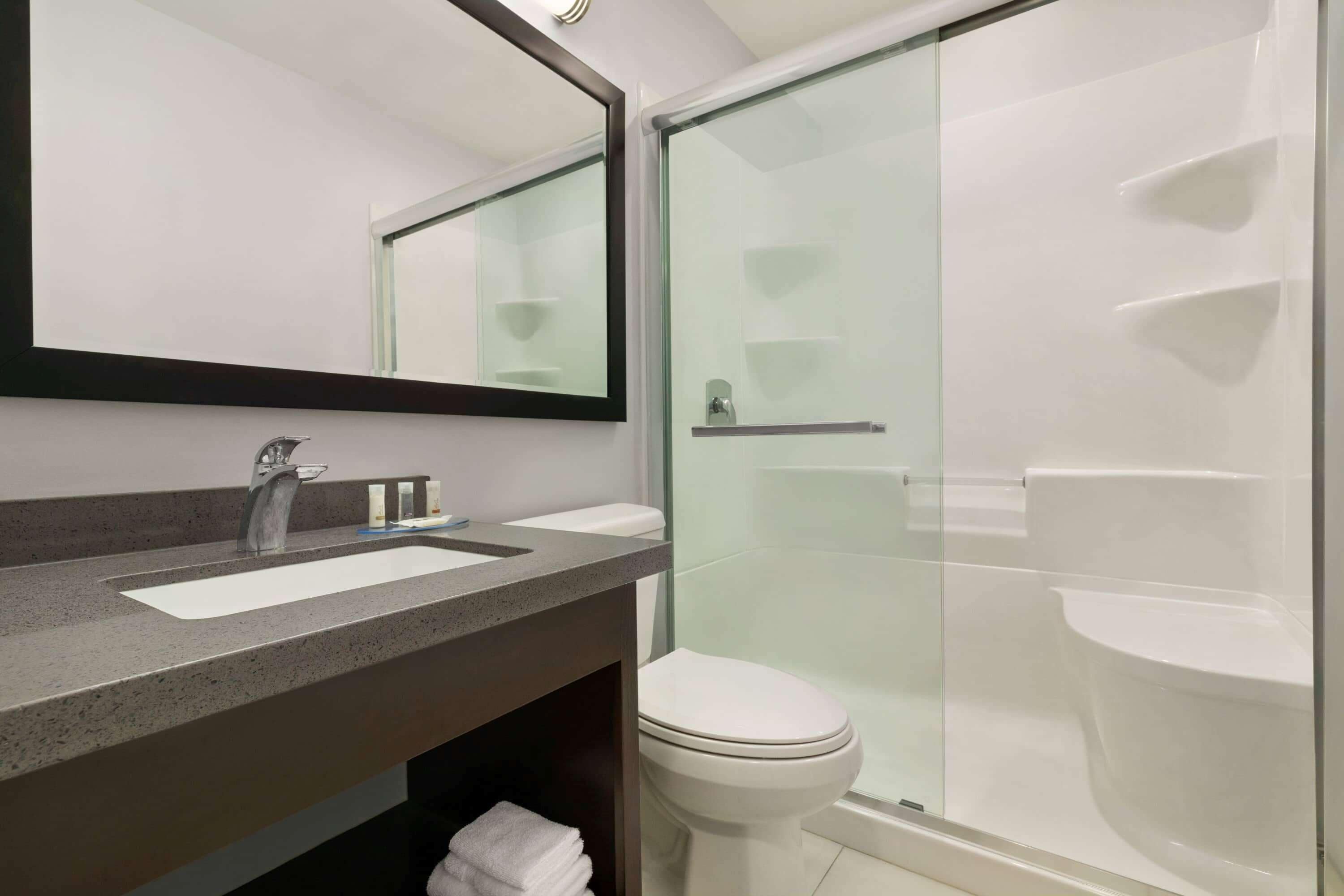 A modern bathroom with a granite countertop, a large mirror, a glass-enclosed shower, and a white toilet.