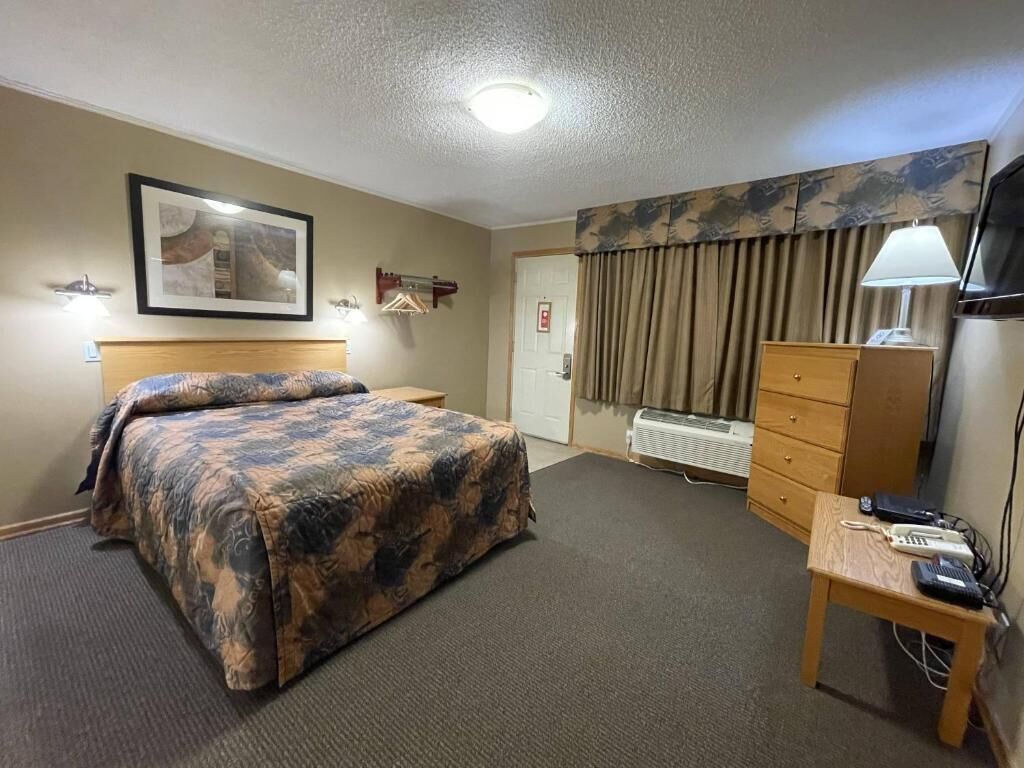 A hotel room with a bed, a desk, a dresser, a radiator, and a framed picture on the wall.