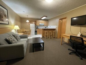 Un espacio habitable compacto con kitchenette, un sofá, una mesa de centro, un televisor y un escritorio con silla.
