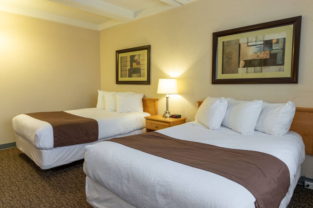 Habitación de hotel con dos camas, una mesita de noche con lámpara y dos cuadros enmarcados en la pared.